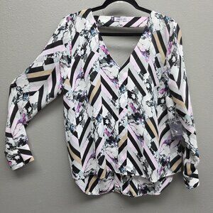 Jennifer Lopez Blouse Womens Medium Multicolor V Neck Long Sleeve Chevron Print